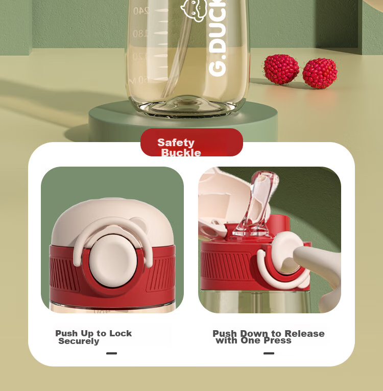 G.Duck Children's Flip Lid Straw Water Bottle 500ml with Carrying Strap, Flip Lid Design, Safety Lock, Haiman Red 6