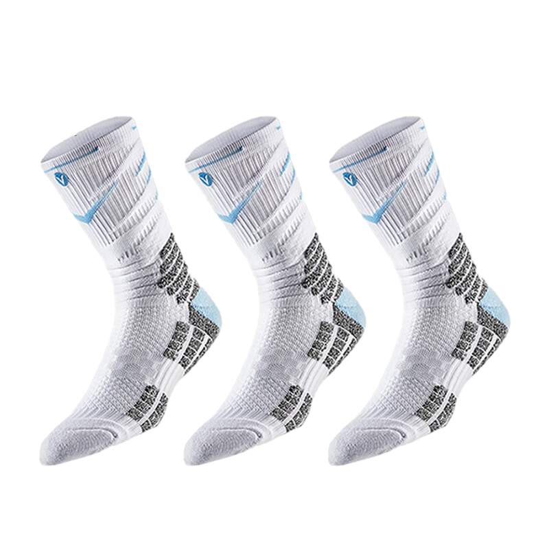 VEIDOORN Regeneration Series Practical Basketball Socks with Elite Terry Bottom High Tube Sports Socks, Blue Three-Pair Pack, One Size Fits All