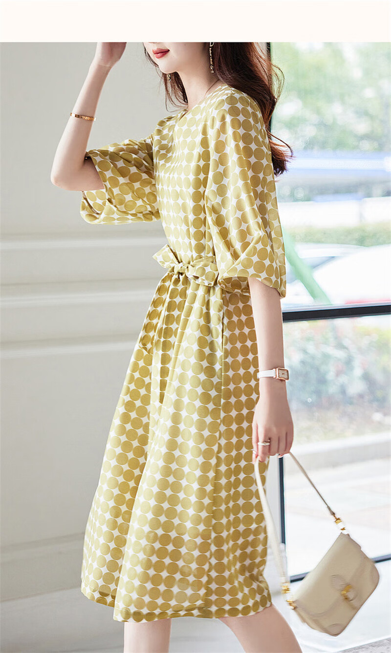 Dme Commuting Polka Dot Vintage Dress Summer V-Neck Lantern Sleeve Chiffon Mid-Length Dress for Women 24