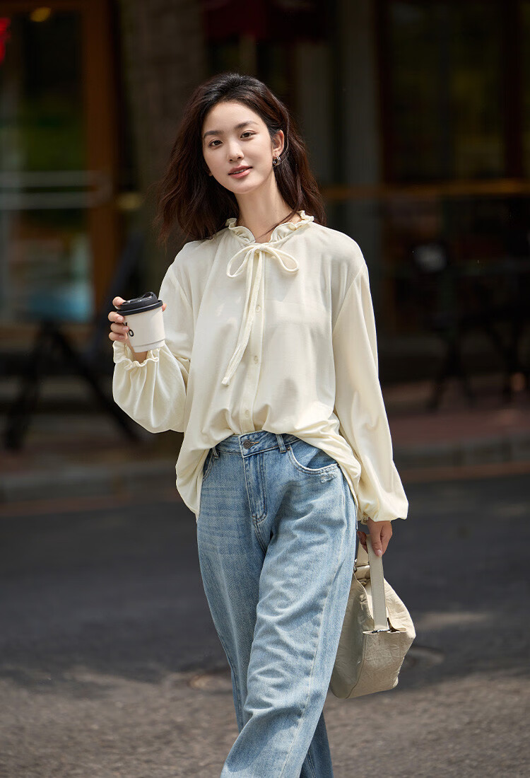 Dme [Retro Elegant Brown Shirt], Spring And Autumn Style, Silk Ribbon Collar, Velvet Blouse for Wome 6