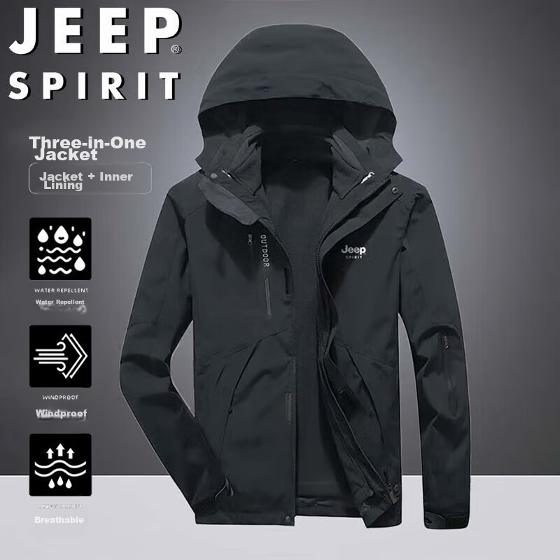 JEEP SPIRIT Men's Windbreaker Jacket for Spring, Autumn And Winter, Three-In Outdoor Sports Loose-Fitting Coat, Black, Size L