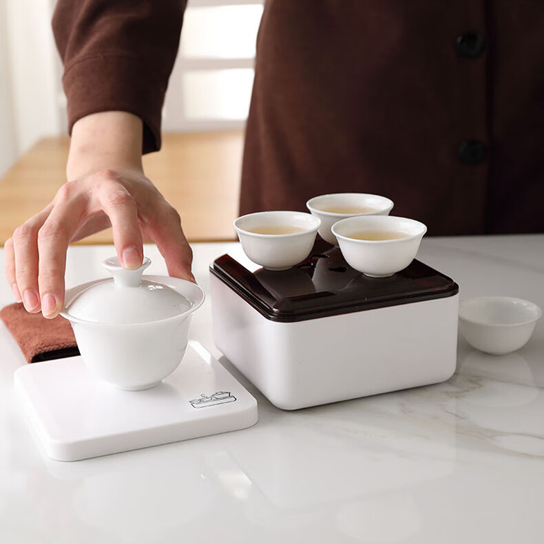 CLITON Travel Tea Set Portable White Porcelain Gaiwan Kung Fu 6-Piece Tea Water Separation Outdoor Quick Cup Office Tea Set 9