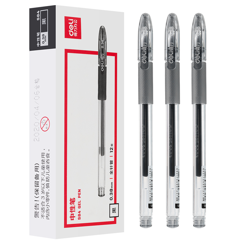 Deli 0.38mm Retractable Gel Pen, Signature Pen, Water-Based Pen, Financial Pen, Full Needle Tube, 12 Pens/box S84 Gaokao Exam