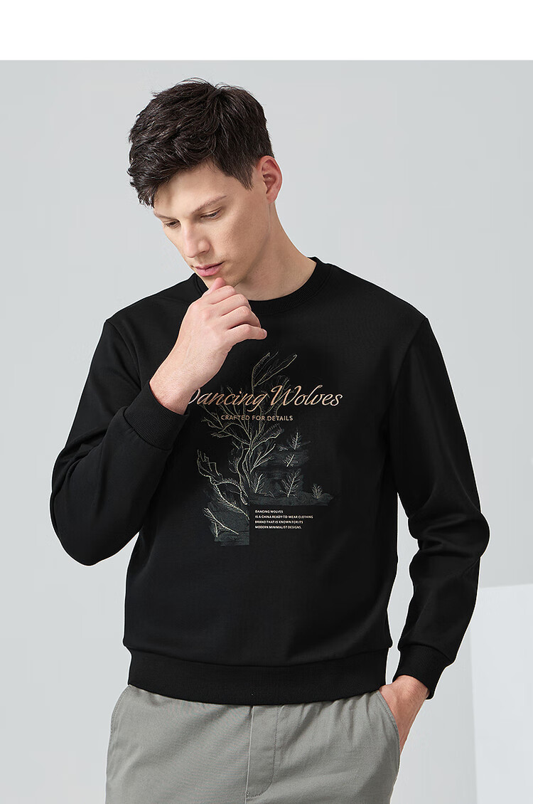 DANCING WOLVES [Fleece-Lined for Warmth] Autumn And Winter Thickened Top Men's Heavy Embroidery Crew Neck Sweatshirt Men's 001 Black 180 3