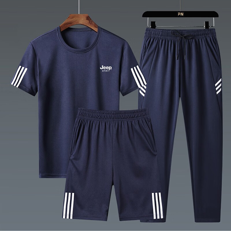 JEEP SPIRIT Men's Summer Short-Sleeve T-Shirt Set, Three-Piece Outdoor Sports Versatile Outfit, White Three-Piece Set, 2XL 24