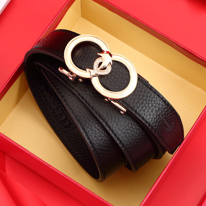 CROCODILE Genuine Leather Women's Belt, Double-Ring Automatic Buckle, Simple Top-Layer Cowhide Waistband, Birthday Gift, T2909 Black