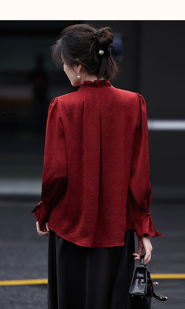 Dme [Ankeala Red] Elegant Office Blouse for Spring And Autumn, Wrinkled Shiny Ruffle Puff Sleeve Shirt Women's Top 23