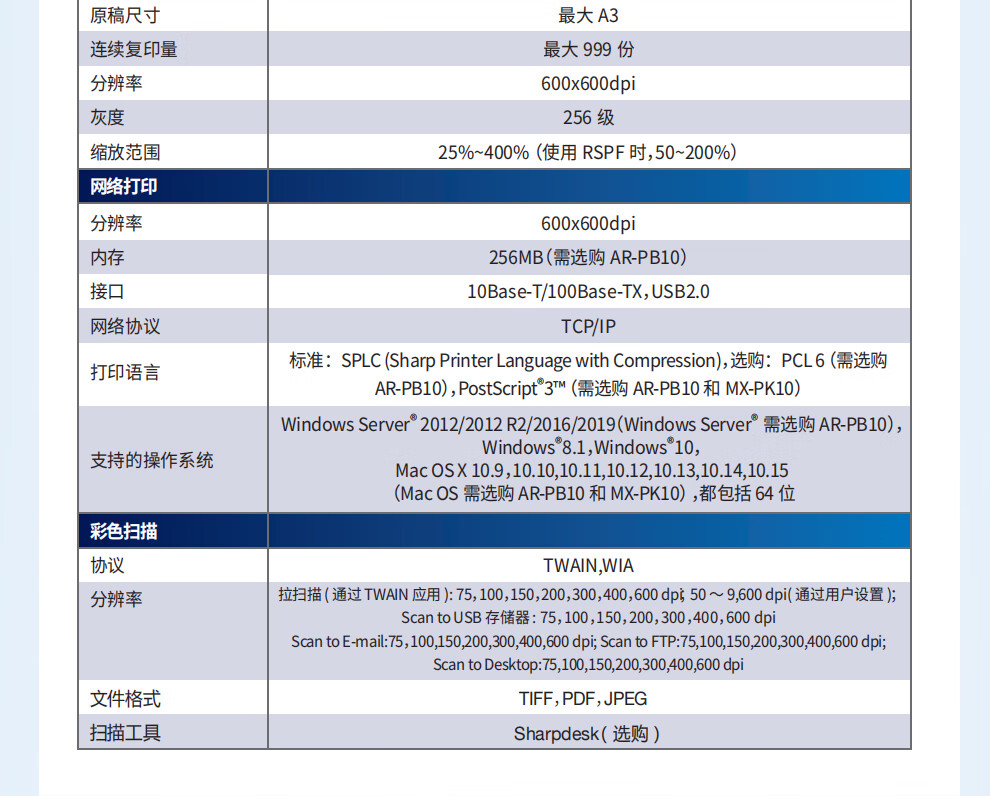夏普(sharp)ar-2221r a3黑白激光多功能复合机(含双面输稿器 单纸盒)