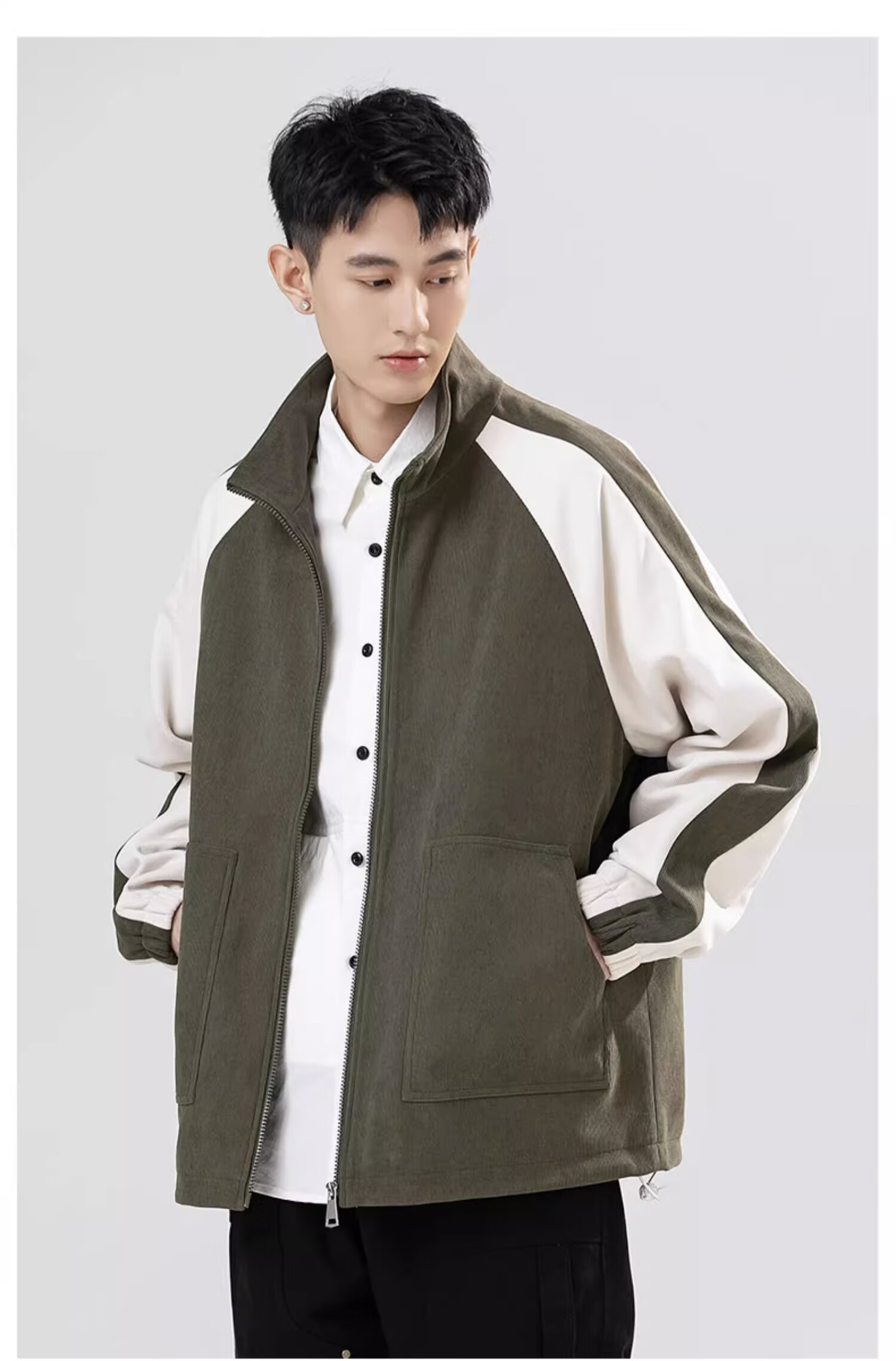 GENIOLAMODE Men's Jacket, Winter Corduroy Stand Collar, Contrasting Color Cardigan, Casual Fashion Outerwear for Young Men, Beige, 2XL 5