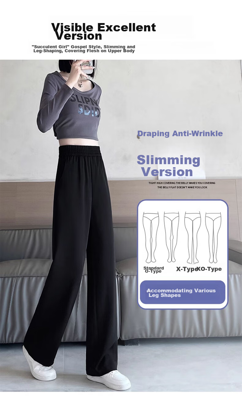 LangSha Black Straight-Leg Dress Pants, Summer Ice Silk Draping High-Waist Wide-Leg Pants for Women, Loose-Fitting Slimming Casual Trousers 9