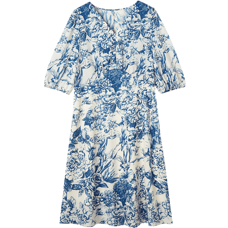Dme [Mingyuan Faux Silk A-Line Dress] 2025 Summer V-Neck Printed Midi Dress for Wome