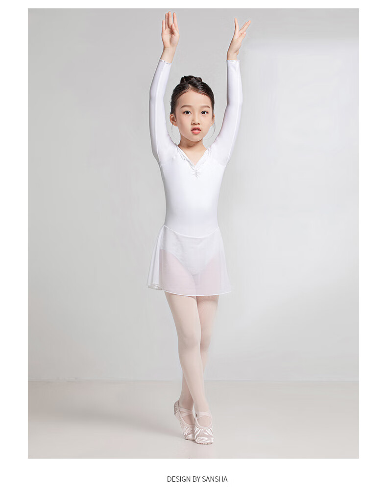 Sansha Ballet Practice Dress, Children's Dance Costume Long-Sleeve Dress Chiffon V-Neck Lace Bodysuit Dress, Light Blue, M 14