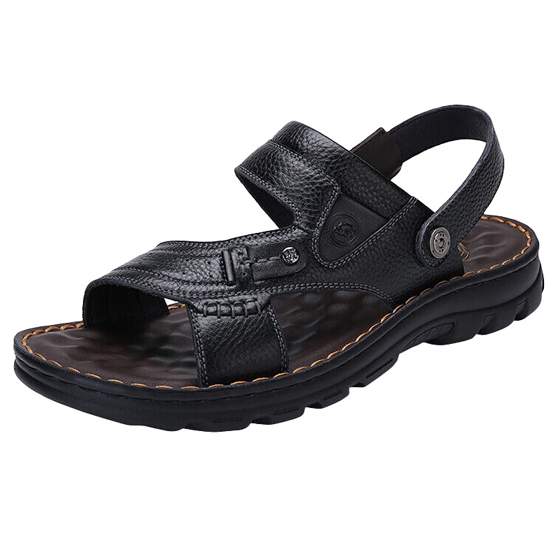 CAMEL Brand Men's Casual Slippers, Genuine Leather Sandals, Cowhide Breathable Wear-Resistant Beach Shoes, W822287612, Black, Size 42