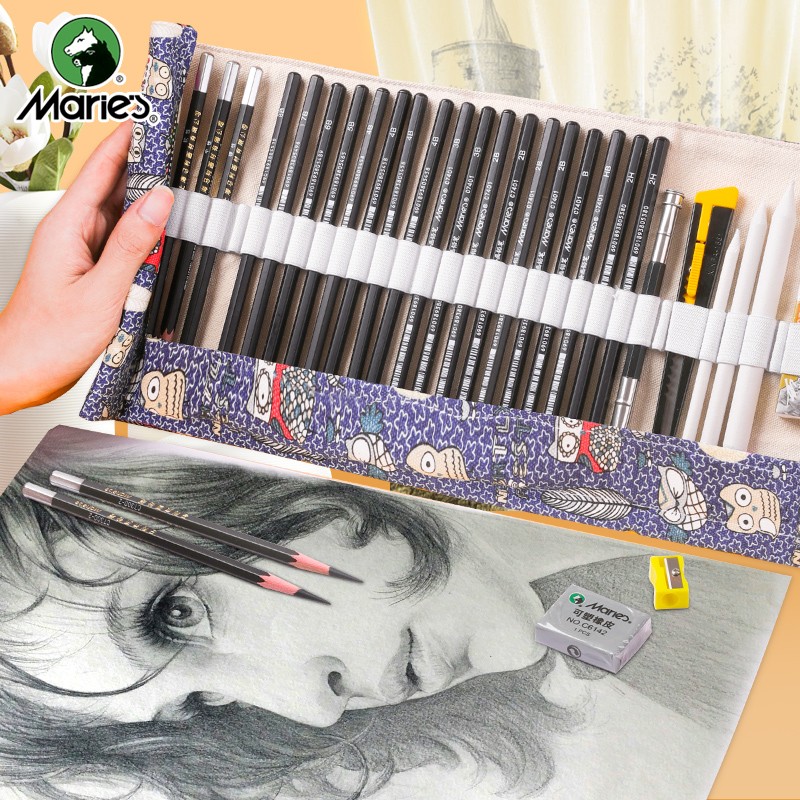 Marie's Sketching Pencil Set for Beginners, Students' Drawing Tools Including Pencils, Charcoal Pencils, Erasers, Craft Knife, Paper Scraper, Owl-Shaped Pencil Holder, Sketching And Marking Pens for Drawing
