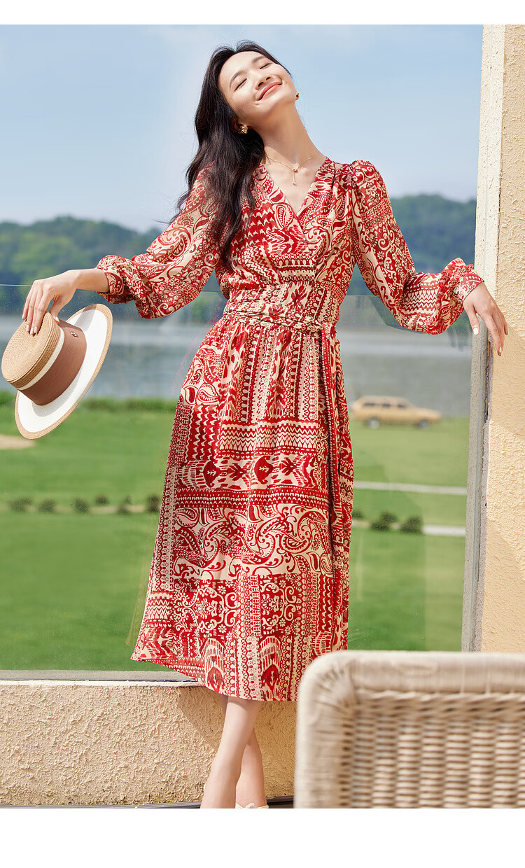 Sentubila Spring And Autumn Mid-Length Floral Print Red Dress, Elegant Goddess Style Slimming Vacation Dress, Red Floral Pattern, Size S 16