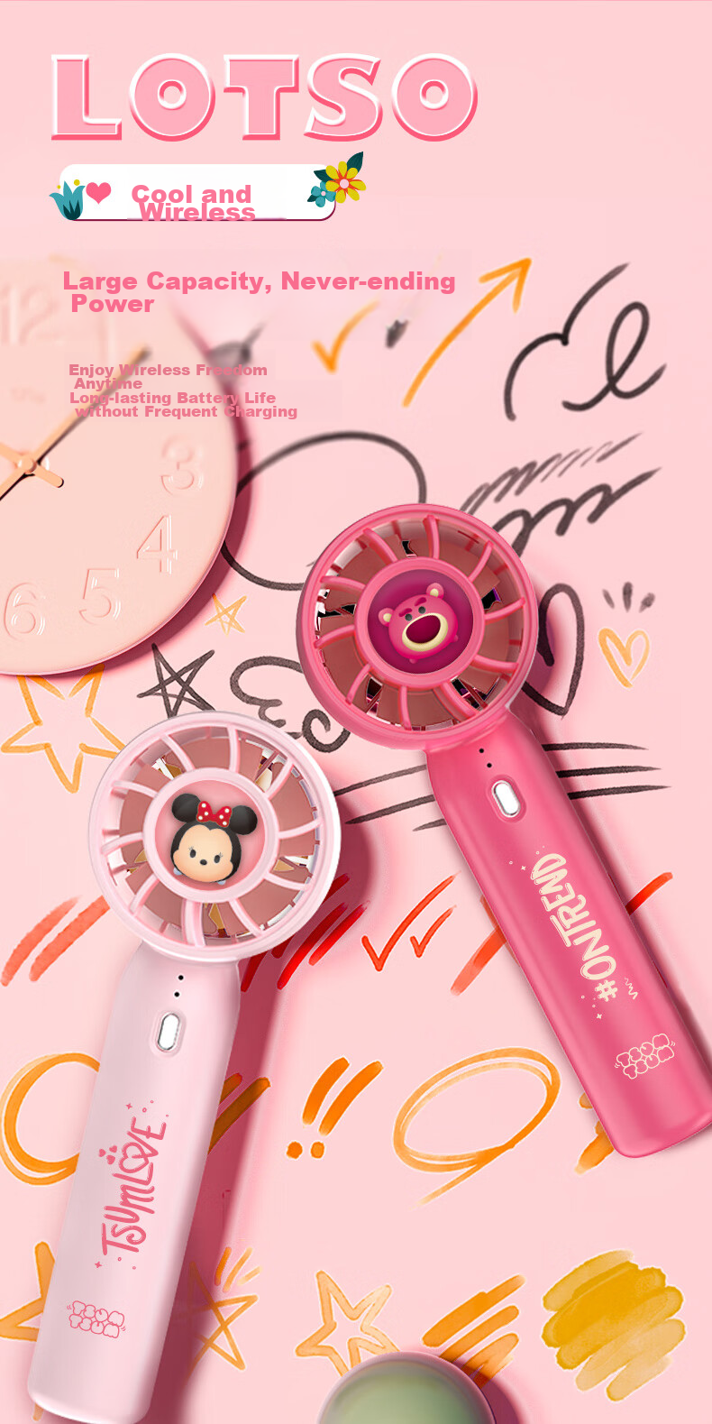 Baosou Portable Handheld Mini Fan with Built-in Light and Lanyard, Rechargeable, 3-Speed Strong Wind, Quiet, Pink 8