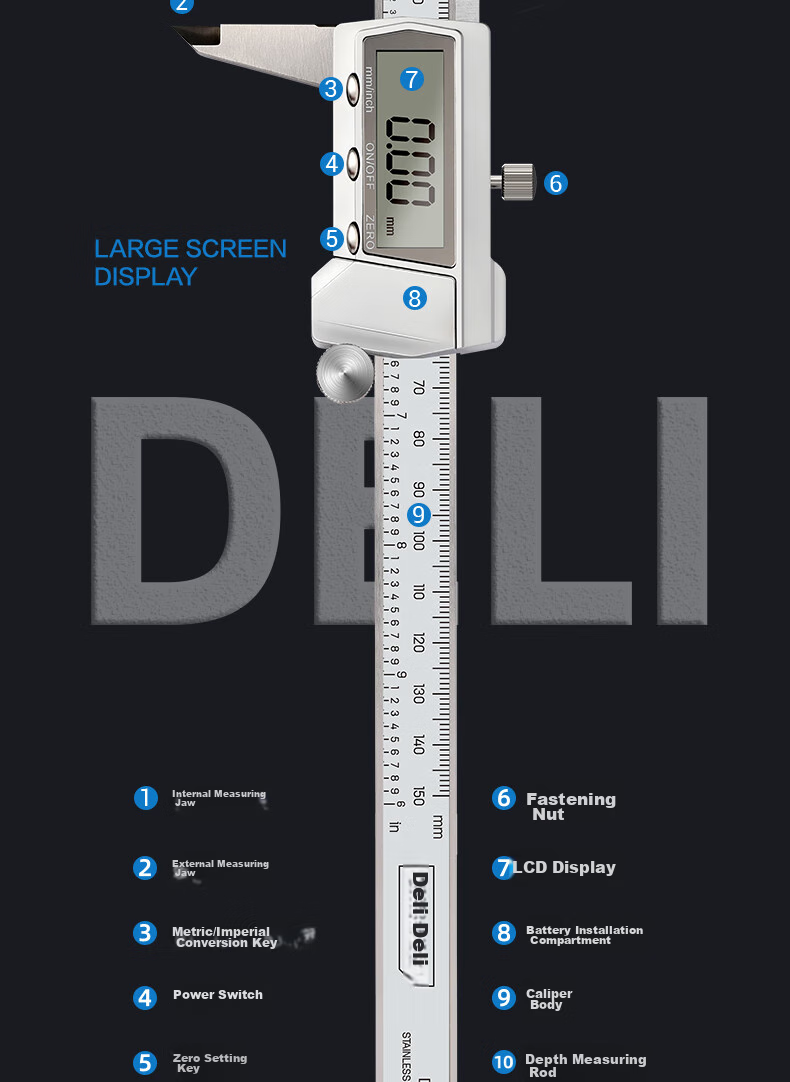 Deli Vernier Caliper, All-Metal High-Precision Digital Caliper, Large High-Definition Screen Electronic Caliper, Complies with National Standards 13
