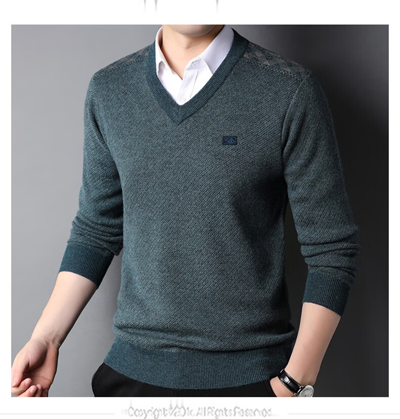 Hengyuanxiang 100% Pure Wool Men's V-Neck Thick Sweater Heart-Shaped Collar Men's Clothing 15213601 Blue Black 170/88A 5