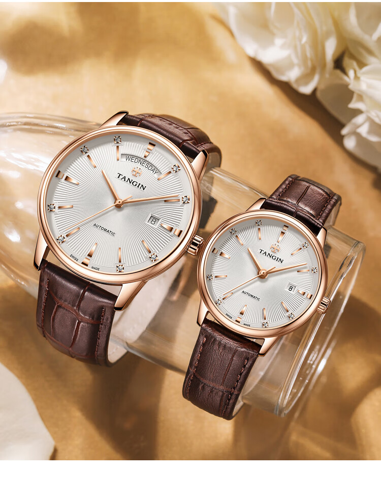 TANGIN Imported Swiss Watch, Xixin Series Leather Strap Mechanical Couple's Watch, Swiss Watch T7025GLHWFSB 4