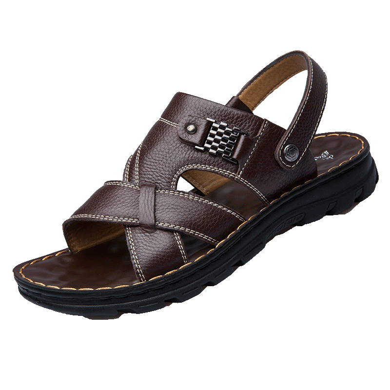 MEXICAN Top-Grain Leather Beach Sandals for Men, Breathable Slip-On Slippers, Casual, Brown, Size 40