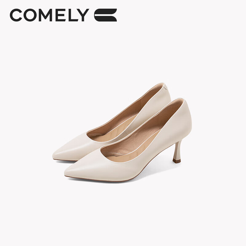 COMELY Women's Single Shoes, Spring Thin Heel Pointed Toe High Heel Sheepskin Soft Comfortable Sole, Simple Professional Work Shoes, Beige, Size 34