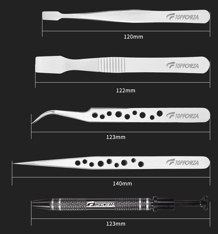 TOPFORZA TZ-4511, Pointed Tip, Bent Tip, Flat Tip, And Flat Head Professional Precision Tweezers Set, Pry Bar Tool Kit, 10-Piece Set 5
