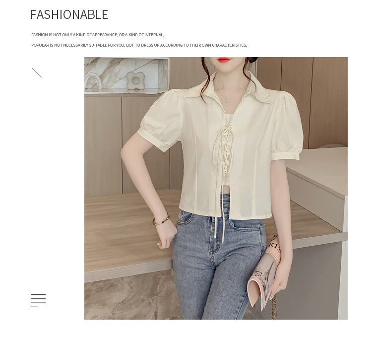 JEANSWEST Women's Summer 2025 Loose Puff Sleeve Short Sleeve Crop Shirt White L 21