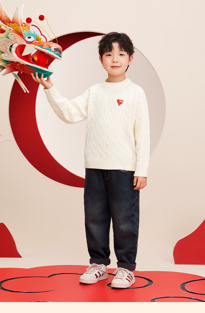 Zuoxi Boys' Red Sweater, Children's Thick Knit Pullover, 2025 New Style Boys' New Year Outfit, Winter Clothing, White, Size 140 19