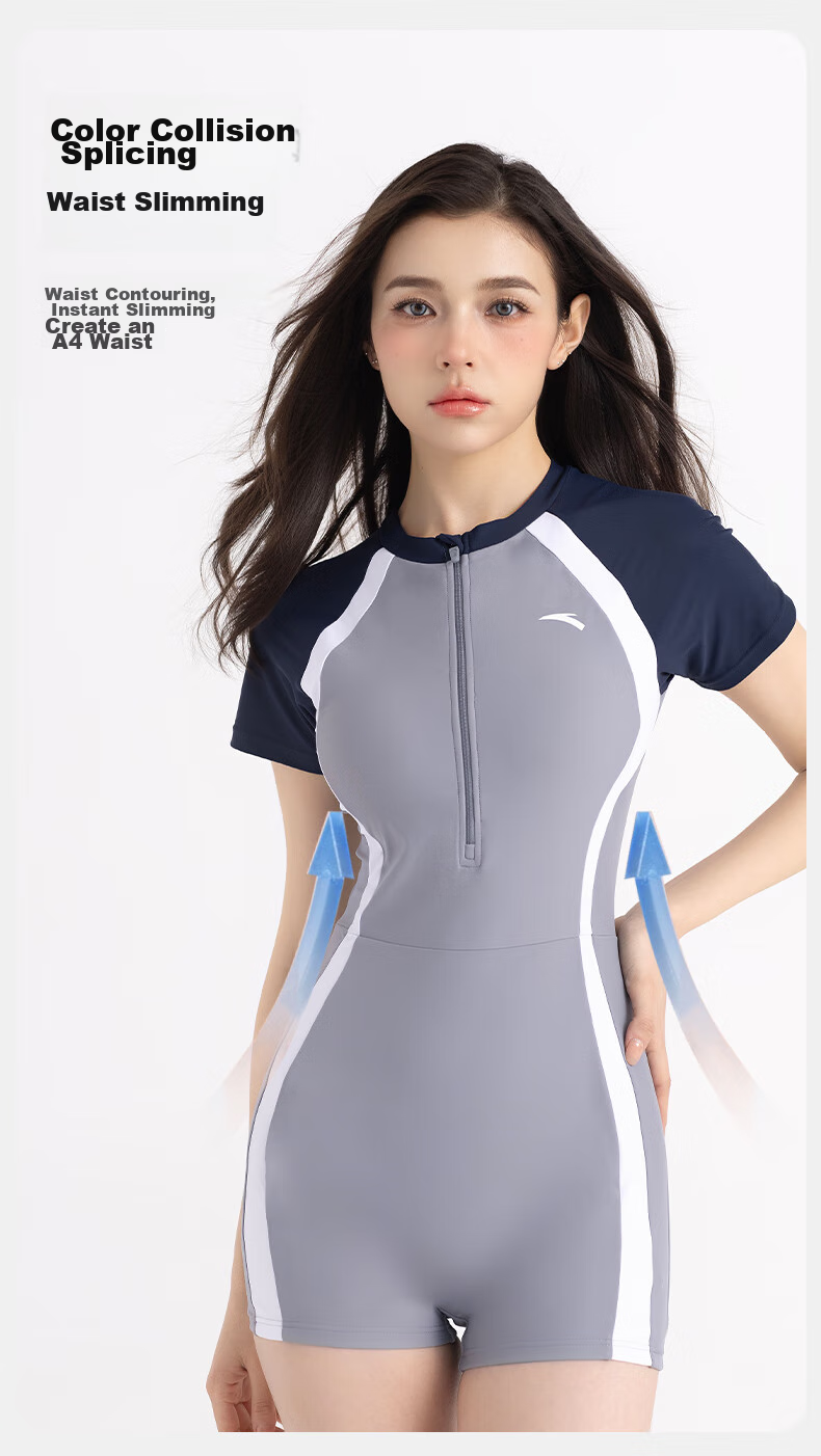 ANTA Slim Waist One-Piece Swimsuit for Women, New Style Swimming Boyshorts, Conservative Slimming Hot Spring Resort Swimwear, Gray Blue XL 5
