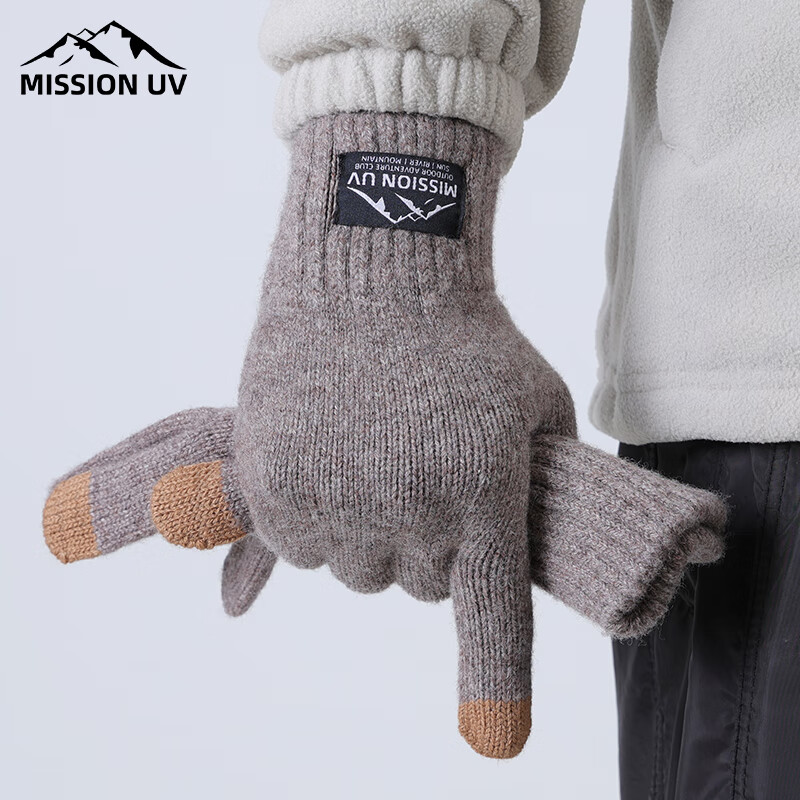 MISSION UV Sheepskin Warm Gloves for Men, Thick Winter And Autumn Outdoor Cycling Driving Anti-Cold Touchscreen Compatible Knitted Gloves