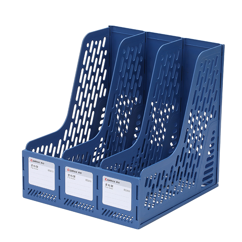 COMIX 3-Tier Hollow Desktop File Organizer, Bookend Shelf, Document Storage Box, Office Organizer with Labels, File Holder, Book And Document Storage Solution, Blue ED203/EB719