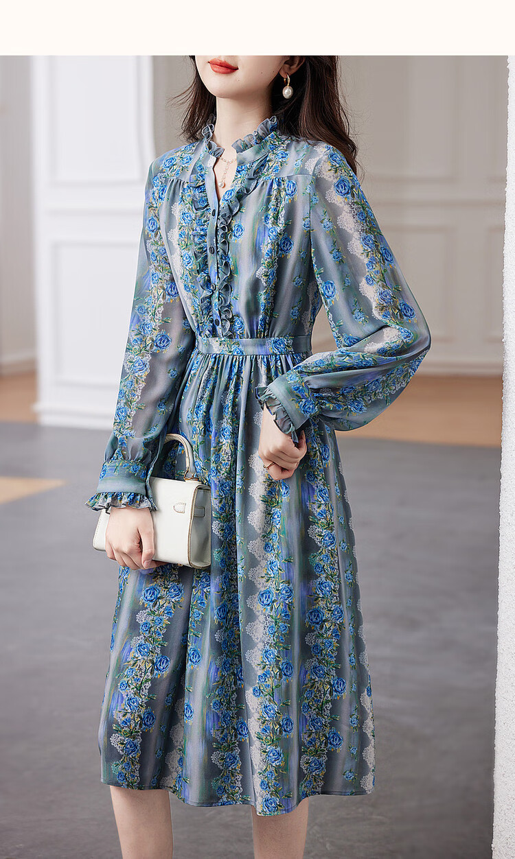 Dme [Huayao Crinkle Floral Print Dress], Spring And Autumn Stand-Collar Waist-Cinching Ruffle Trim Dress for Wome 13