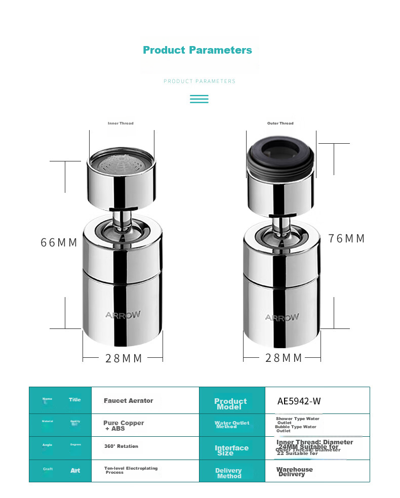 ARROW Anti-Splash Head Extender, Pressure-Boosting Universal Swivel Adapter, Aerator Filter Outlet Nozzle AE5942-W 10