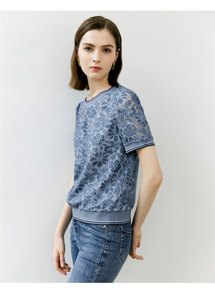 YANYEE Crochet Hollow Lace Top Women 2023 Summer Light Mature Style Short Loose T-Shirt Blue S/36 6