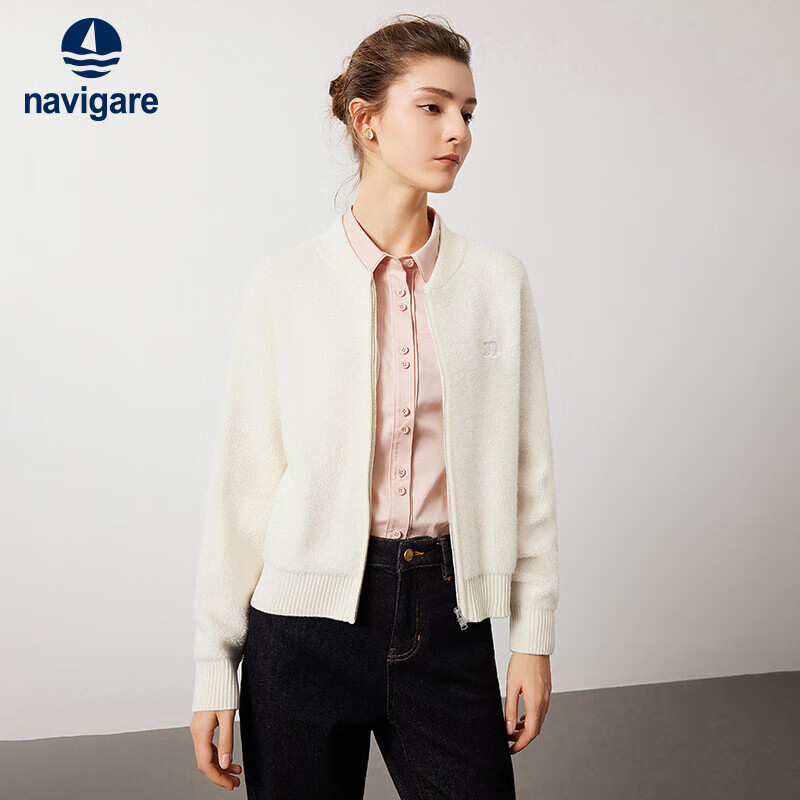 Navikail Italian Small Sailboat Women's All-Wool Knit Short Jacket Baseball Collar Casual Cardigan 2331304501 White S