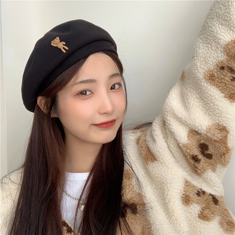 XUEXIMAN Japanese Vintage Cartoon Bear Brown Wool Beret Women's Fashionable Elegant Painter Hat 5