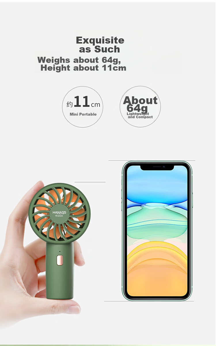 HANASS Rechargeable Handheld Mini Fan, Wireless Portable Quiet Desk Fan, Outdoor Companion Mini Pocket Fan, Back-To Dormitory Fan H2, Housewarming Birthday Gift for Men And Women Students 3