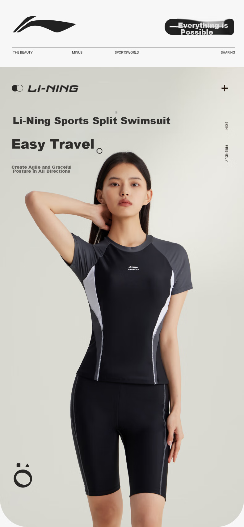 Li-Ning Women's Two-Piece Conservative Swimsuit, Tummy Control Slimming Plus Size Casual Hot Spring Swimwear 5491 Black L 1