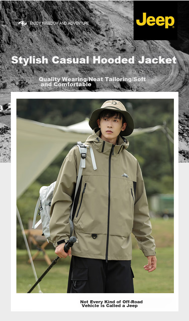 JEEP Men's Jacket, Spring And Autumn Loose-Fitting Hooded Sports Outdoor Clothing, Men's Outerwear 074, Black, Size L 2