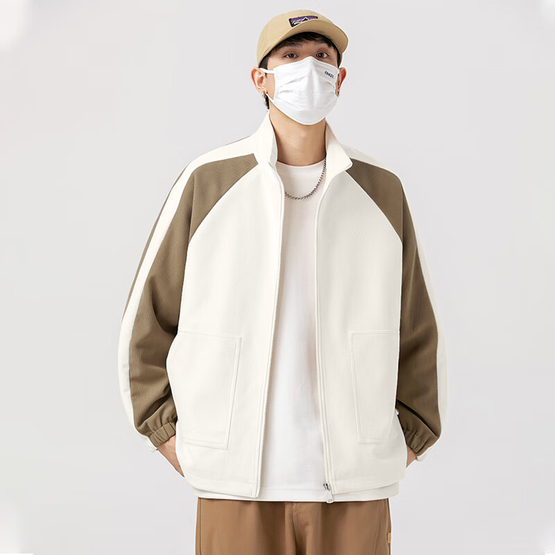 GENIOLAMODE Men's Jacket, Winter Corduroy Stand Collar, Contrasting Color Cardigan, Casual Fashion Outerwear for Young Men, Beige, 2XL