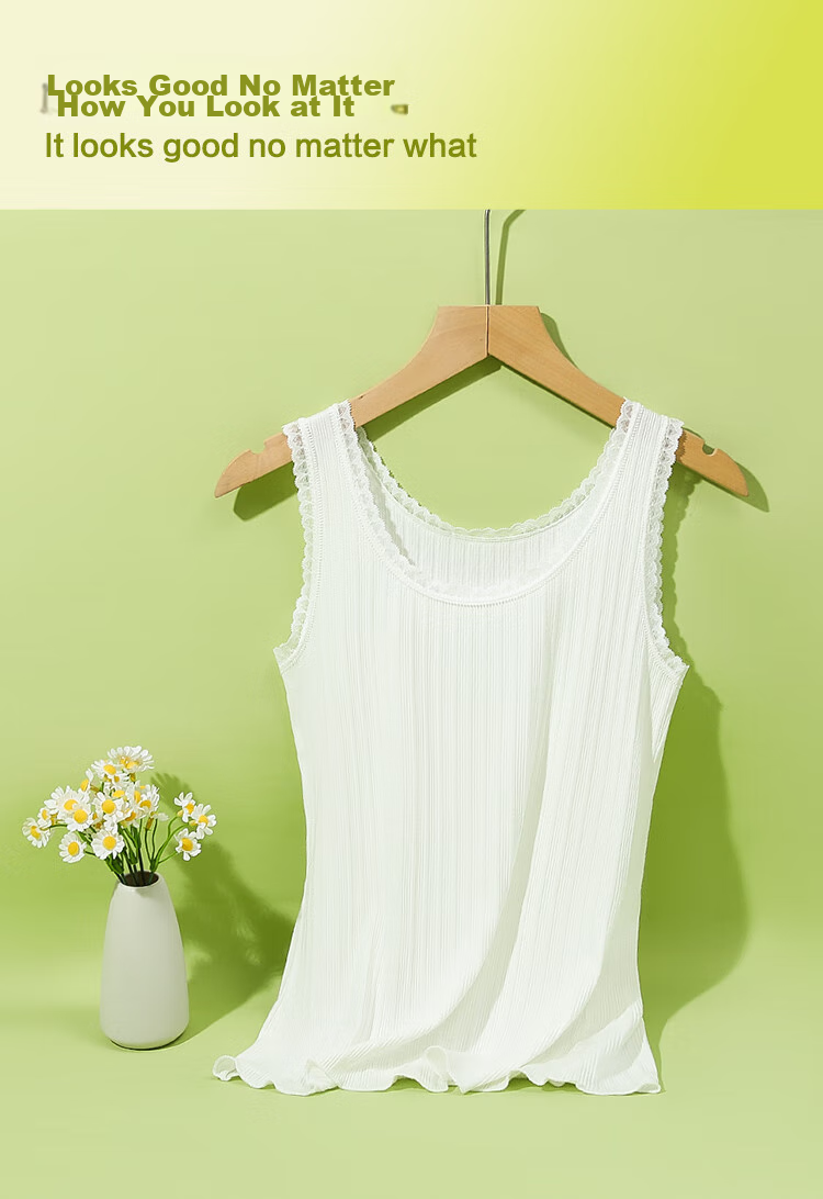 Hodo Women's Summer Vest, Soft Cotton Lace Camisole, Jacquard Vertical Stripes, Breathable Slimming Inner Layer, Avocado Green, Size 175 11