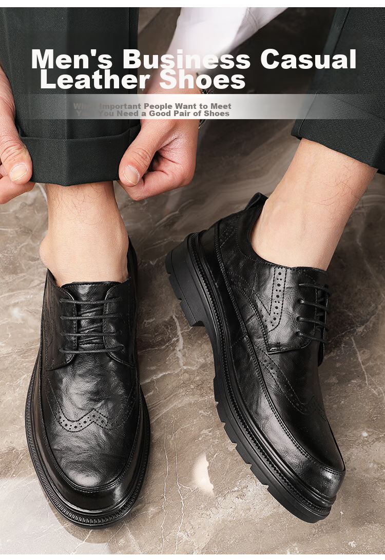 Poitulas Men's Low-Top Lace-Up Shoes with Hand-Grab Texture, Business Casual Shoes, British Brogue Wedding Shoes, 2996 Black, Size 39 2