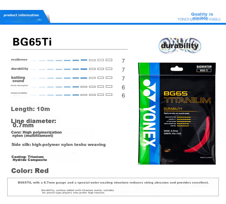 YONEX Badminton String, Durable High-Tension Type, for Competition And Training, Strength Type, BG65Ti-001, Red 3