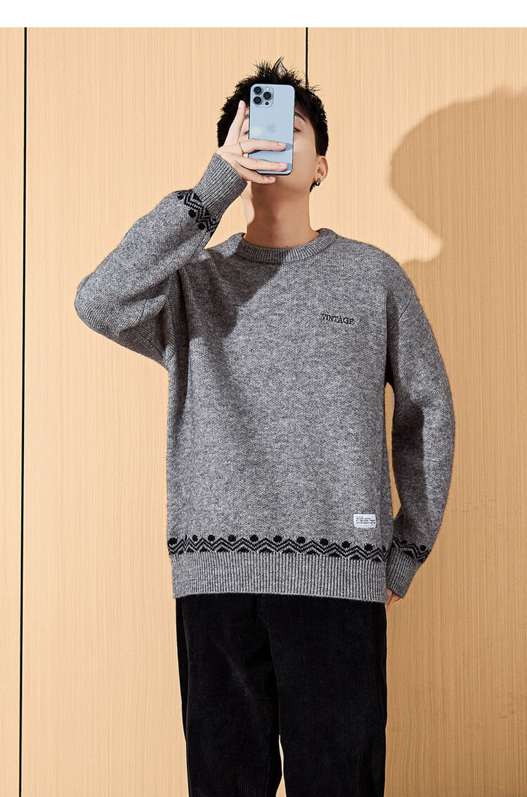 TonLion 2024 Men's Crew Neck Colorblock Pattern Knit Sweater Graphite Gray XL 2