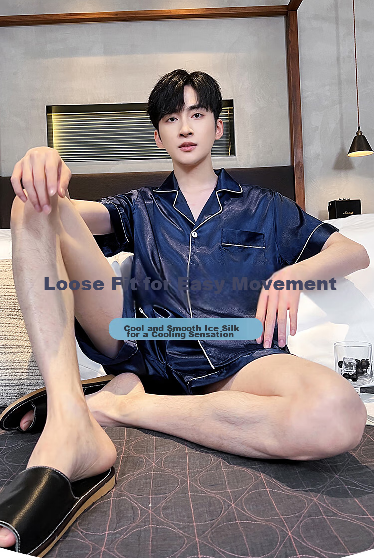 LangSha Men's Summer Pajamas, Ice Silk Short Sleeve Shorts Thin Faux Silk Home Wear Set 7