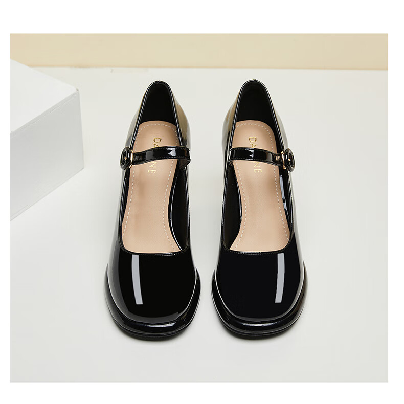 DAPHNE French Chunky Heel Mary Jane Women's Shoes, Square Toe Elegant High Heel, Ankle Strap Pumps, 4623101161, Black, Size 36 13