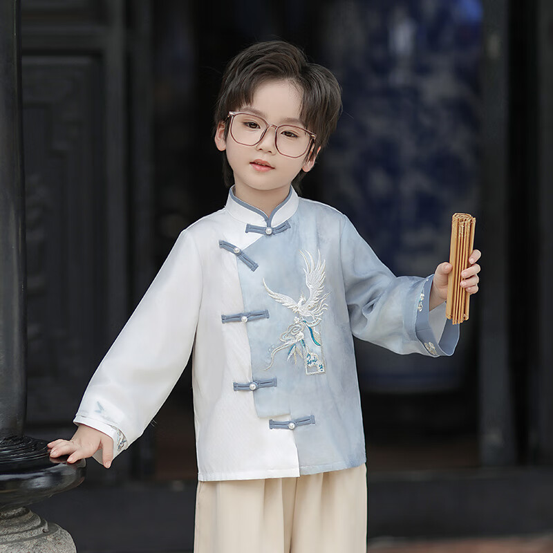 Qibo Hanfu Boys' Spring And Autumn Children's New Chinese-Style National Fashion Ancient Style Tang Suit, Hongying Long Sleeve (Top Only), Size 130
