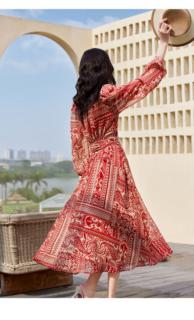 Sentubila Spring And Autumn Mid-Length Floral Print Red Dress, Elegant Goddess Style Slimming Vacation Dress, Red Floral Pattern, Size S 17