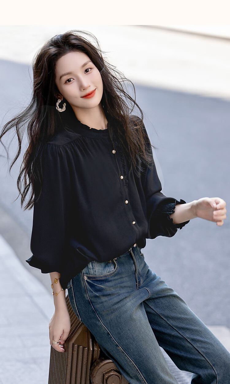 Dme [Ruched Shiny Blouse] Spring And Autumn French Style Women's Elegant Ruffle Stand Collar Pleated Blouse Women's Top 32