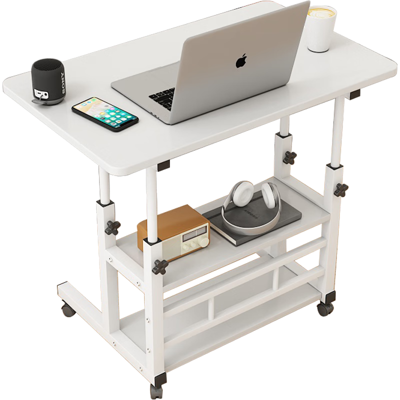 Anerya Bedside Computer Desk with Wheels, Movable Lazy Table, Height Adjustable Bed Study Desk, Warm White Double-Layer 60*40
